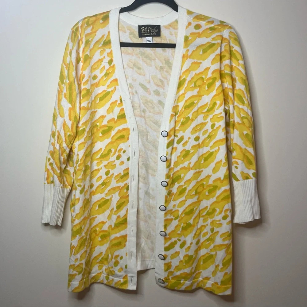 BOB MACKIE Wearable Art Yellow Abstract Leopard Print Buttons Grandma Cardigan